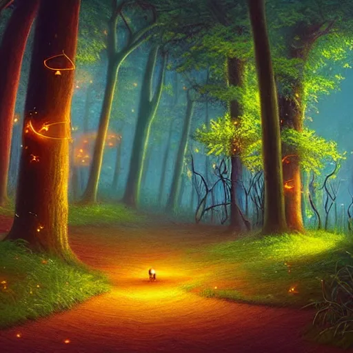 Prompt: fireflies in a forest inspired by Evgeny Lushpin