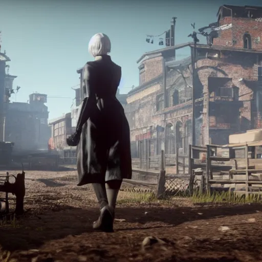 Image similar to Film still of 2B nier automata in a town from Red Dead Redemption 2 (2018 video game)