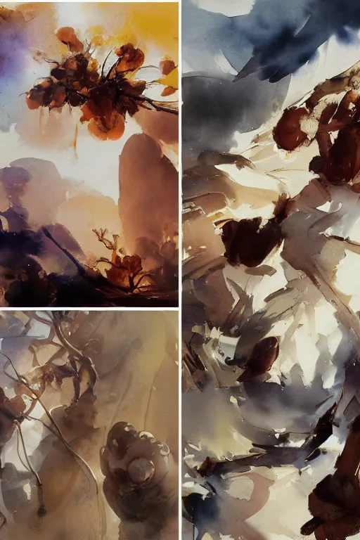 Image similar to paint brush strokes, abstract watercolor painting of hazelnuts, walnuts, art by hans dahl, by jesper ejsing, art by anders zorn, wonderful masterpiece by greg rutkowski, cinematic light, american romanticism by greg manchess, creation by tyler edlin