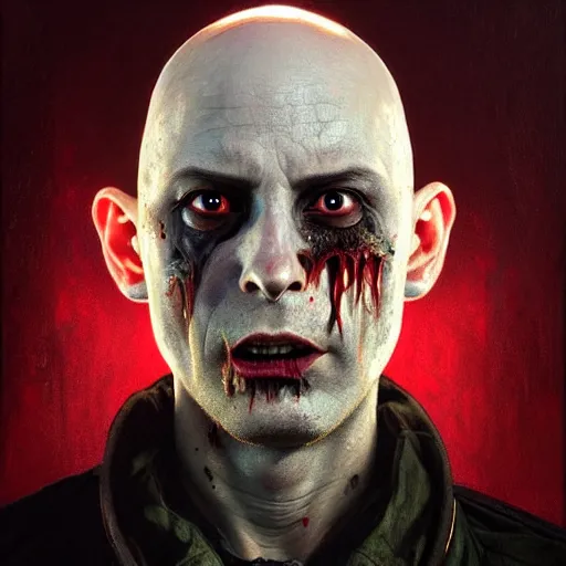 Image similar to portrait painting of a bald vampire with rotting skin and a popped eye wearing battered vietnam fatigues, ultra realistic, concept art, intricate details, eerie, highly detailed, photorealistic, octane render, 8 k, unreal engine. art by artgerm and greg rutkowski and charlie bowater and magali villeneuve and alphonse mucha