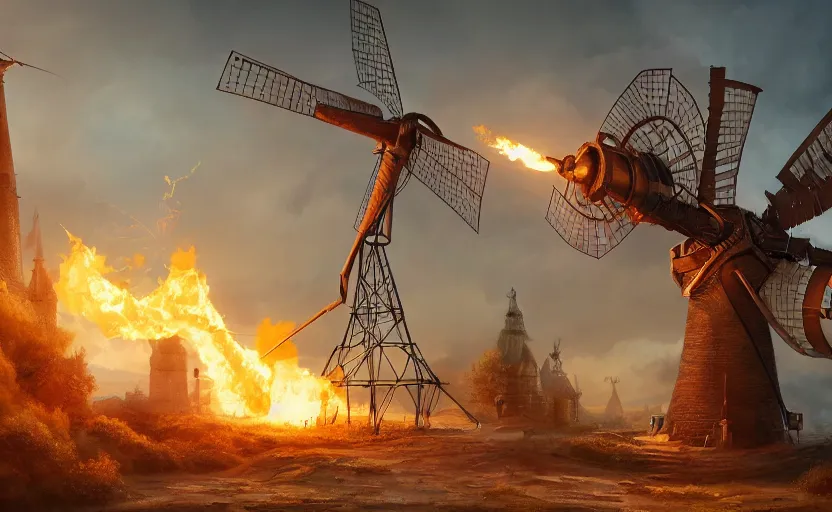 Image similar to a steampunk windmill, robot, fire, ash, electricity lightning, furry, soft, concept art, sharp focus, intricate details, highly detailed, photorealistic, disney pixar, octane render, iridescent, anime, 8 k