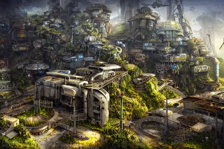 Prompt: sci - fi favela sculpture, wartime jungle environment, industrial factory, cliffs, sunny, milky way, award winning art, epic dreamlike fantasy landscape, ultra realistic,