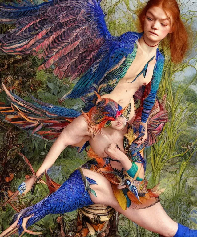 Image similar to a portrait photograph of a meditating fierce sadie sink as a colorful harpy bird super hero with blue striped skin with scales. she is transforming into a amphibian. by donato giancola, hans holbein, walton ford, gaston bussiere, peter mohrbacher and brian froud. 8 k, cgsociety, fashion editorial