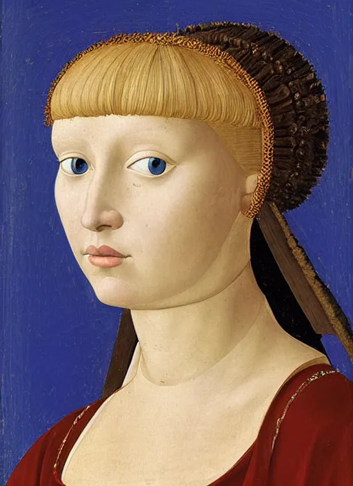 Prompt: portrait of young woman in renaissance dress and renaissance headdress, blue eyes and blond hair, style by the piero della francesca