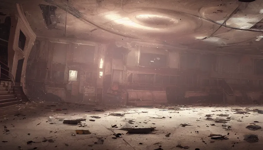 Image similar to abandoned movie theater, dusty room covered by cobwebs, flying dust particles, hyperdetailed, artstation, cgsociety, 8 k