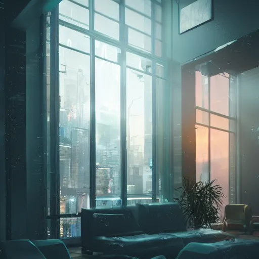 Image similar to cyberpunk apartment, futuristic, apartment, night, rain, volumetric light, ray traced, photography, behance