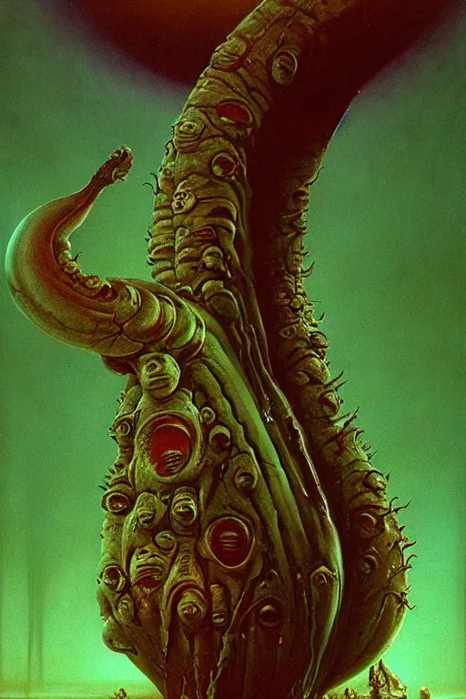 Image similar to cosmic horrors on my giant banana, close up of a banana, by zdzislaw beksinski, by dariusz zawadzki, by wayne barlowe, gothic, surrealism, cosmic horror, lovecraftian, cold hue's, warm tone gradient background, concept art, beautiful composition