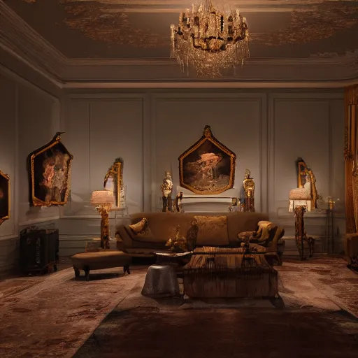 Prompt: Gallery exhibition in a 1920's style mansion, great gatsby, cinematic Light, Soft illumination, cinematic composition, wide-angle, atmospheric, matte painting, Trending on artstation.-H 768