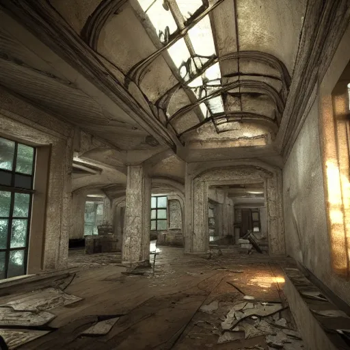 Prompt: interior architecture from quake, lovecraftian, liminal space, unreal engine 5, hyper detailed, hyper realistic