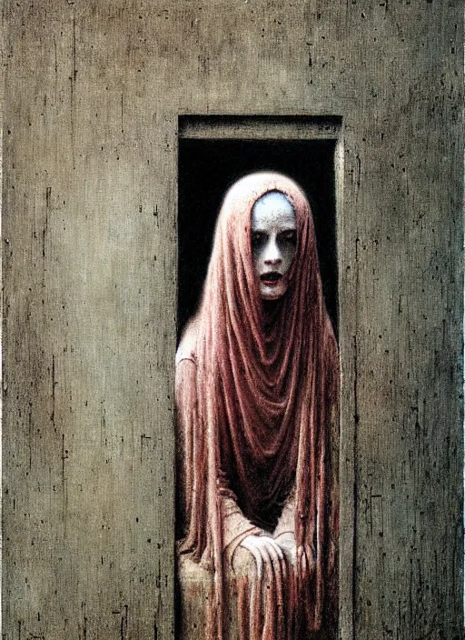 Prompt: pale girl in rags inside cage by Beksinski