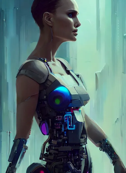 Prompt: a digital painting of Natalie Portman as a cyborg wearing a cyberpunk dress, by netter, style from greg rutkowski, beautiful eyes, full frame, oil painting, featured on artstation, concept art, smooth, sharp focus, illustration, very detailed, ambient lighting, unreal engine render, concept art by Atey Ghailan, by Loish, by Bryan Lee O'Malley