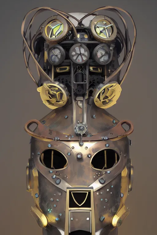 Image similar to steampunk mask minimalist fantasy art robot ninja helmet, global illumination ray tracing hdr fanart arstation by sung choi and eric pfeiffer and gabriel garza and casper konefal radiating a glowing aura