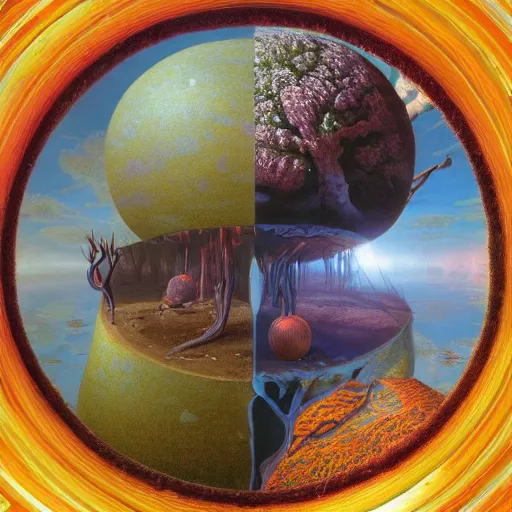 Image similar to the four seasons winter ❄, summer ☀, fall 🍁🍂, spring 🌸💐, inside a magic orb, wayne barlowe, symmetrical, surreal, magic surrealism, very coherent symmetrical artwork, cinematic, hyper realism, high detail, octane render, 8 k