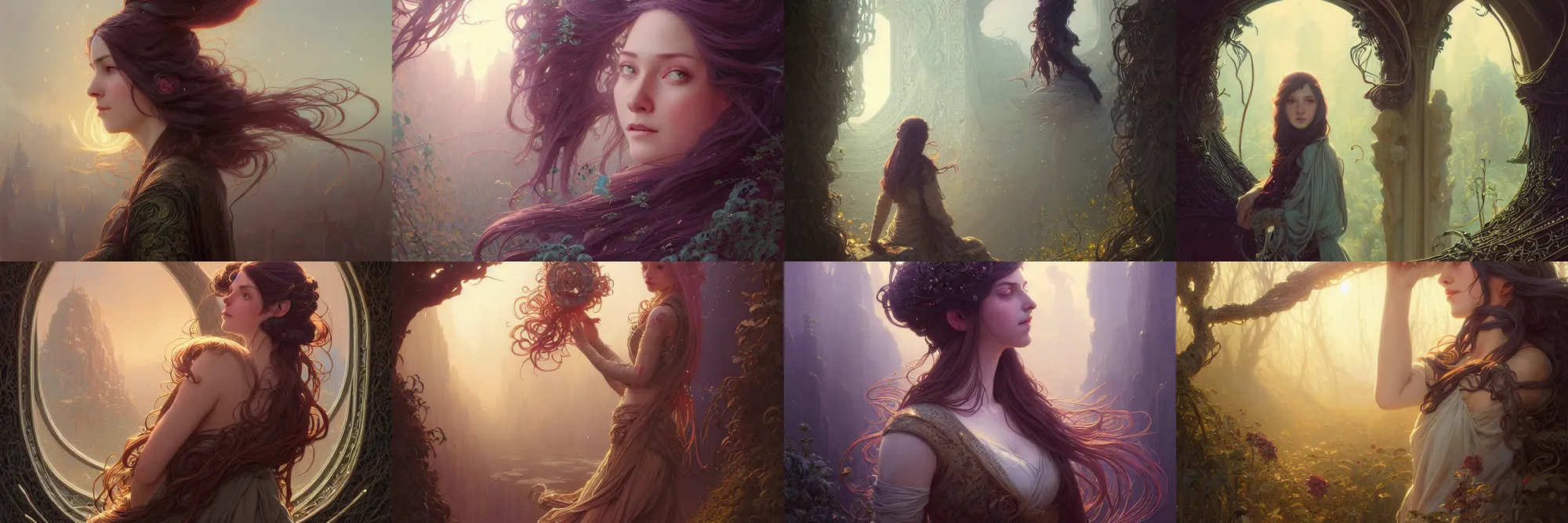 Image similar to highly detailed portrait of a woman with long hairs, stephen bliss, unreal engine, fantasy art by greg rutkowski, art nouveau, loish, rhads, ferdinand knab, makoto shinkai and lois van baarle, ilya kuvshinov, rossdraws, tom bagshaw, alphonse mucha, global illumination, radiant light, detailed and intricate environment