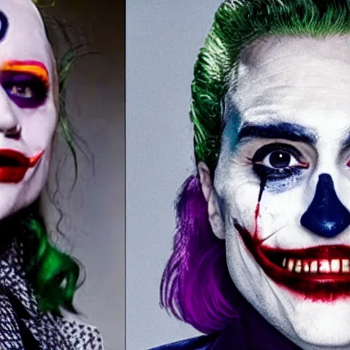 Prompt: 8 k uhd footage from new joker movie, joaquin phoenix as joker and lady gaga as harley quin, paparazzi shot, uhd details