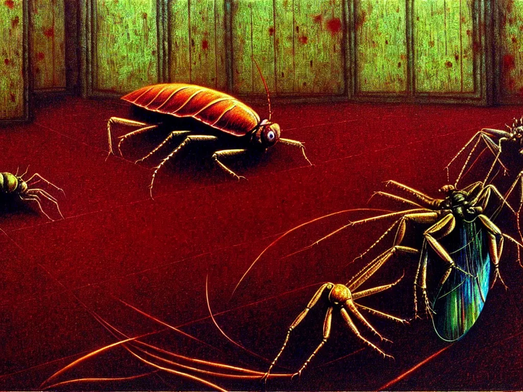 Prompt: realistic detailed image of a big cockroach travelling through 5 th dimensional outer psychedelic hyperspace, neo - gothic, gothic, rich deep colors. beksinski painting, still from 1 9 9 3 movie by david cronenberg. masterpiece by francis bacon.