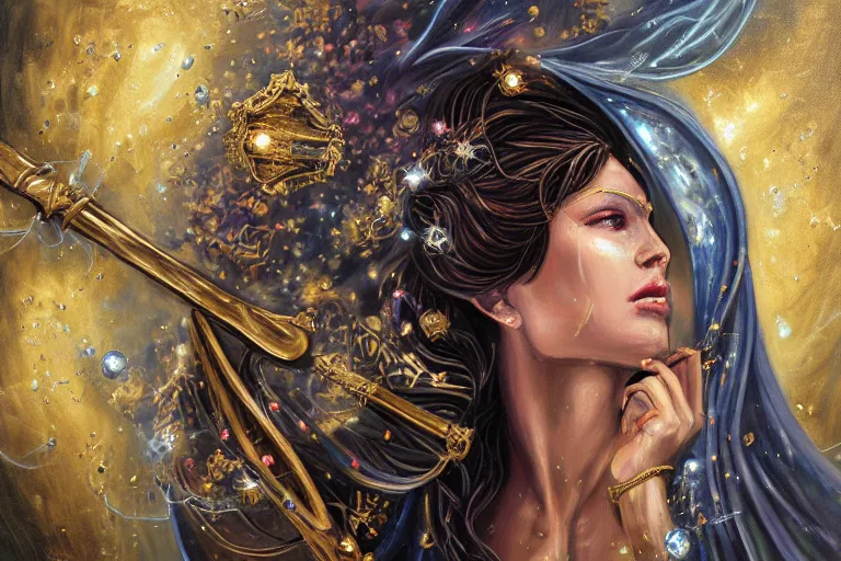 Image similar to furious beautiful Goddess of life with a veil, dark Goddess of artificial intelligence creating an artificial neural network with gold synapses on an anvil with her hammer, high resolution, award winning art, trending on art station, sharp image, incredibly detailed, detailed character, realistic painting, hyper-realistic painting, coherent painting, ethereal halls of valhalla in the background, master piece by tzao chengdu matsumoto