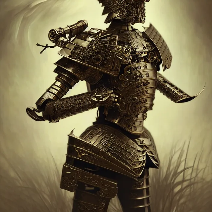 Image similar to japanese porcelain cyborg, Japanese porcelain samurai armor, diffuse lighting, fantasy, intricate, elegant, highly detailed, lifelike, photorealistic, digital painting, artstation, illustration, concept art, smooth, sharp focus, art by John Collier and Albert Aublet and Krenz Cushart and Artem Demura and Alphonse Mucha