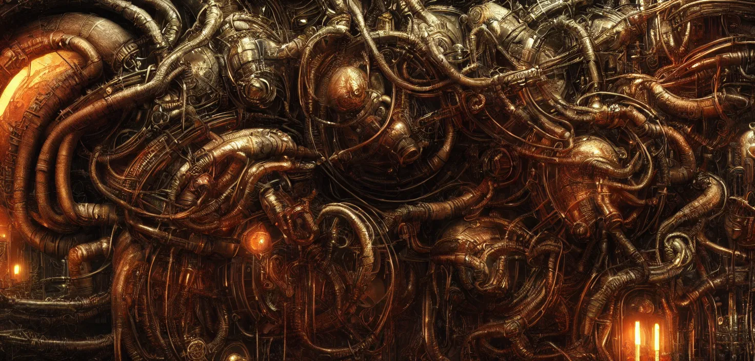 Prompt: Prometheus biological steampunk environment set close-up, hibernation capsule close-up, in a nightmarish universe of odd forms and somber tapestry, HR Giger and Vincent Di Fate, vivid color scheme, featured in artstation, octane render, cinematic, elegant, intricate, 8k