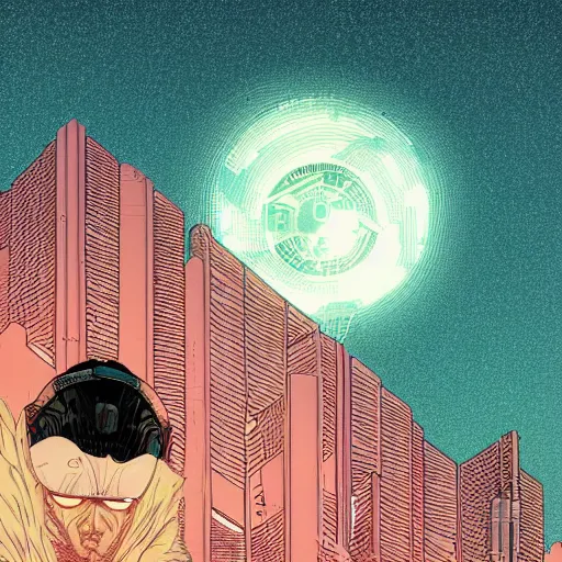 Image similar to stunningly intricate high angle close up of a cyberpunk explorer looking up at a floating triangular glowing monolith, highly detailed, midnight, by victo ngai and james gilleard, moebius, laurie greasley