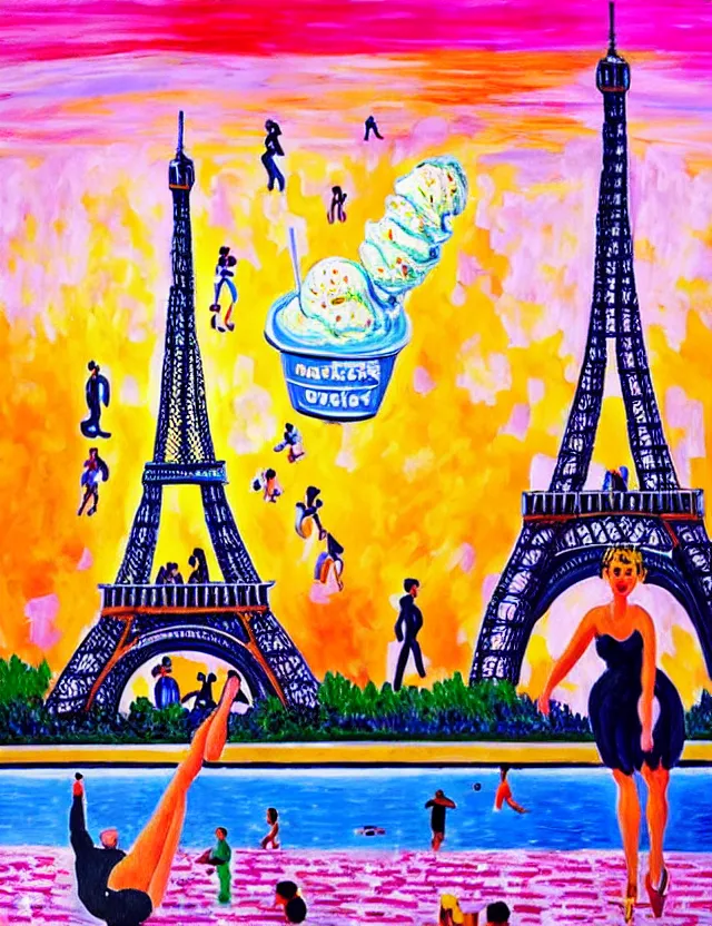 Image similar to a highly detailed and realistic painting of a dancing eiffel tower in paris with melting ice cream of the paris skyline on a very sunny bright summer sunset day, very hot and the ice is melting fast and people are swimming in the icecream in the style of henri matisse