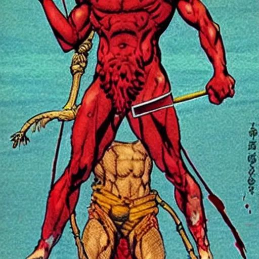 Prompt: eclectic, romantic by dave gibbons, by masaaki sasamoto. a art installation of hercules after he has completed one of his twelve labors, the killing of the hydra. he is standing over the dead hydra, covered in blood clutching a sword that slew the beast. his face is expressionless.