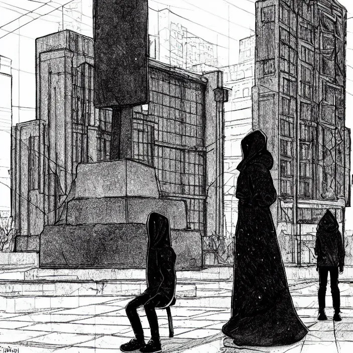 Prompt: storyboard : sadie sink in hoodie sat down on bench in ruined square, pedestrians walk by, old soviet monument. scifi cyberpunk. drawn by gabriel hardman. cinematic atmosphere, detailed and intricate, perfect anatomy