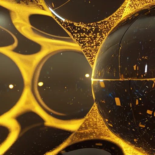 Image similar to tilt shift sphere ipercube particles huge light intricate reflection diffraction marble gold obsidian preraffaellite photography cut, octane, artstation render 8 k neon