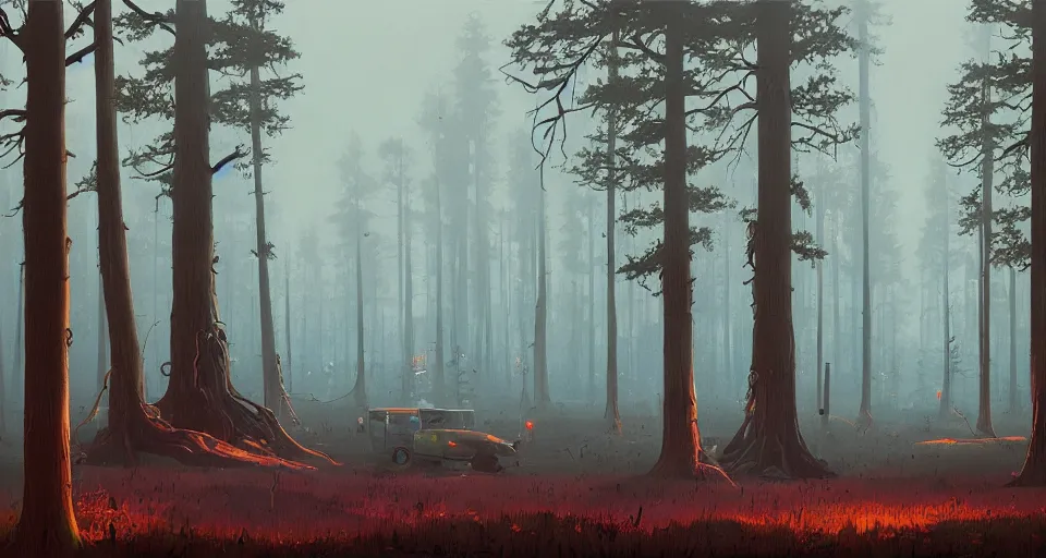 Image similar to A fantastic forest, by simon stalenhag