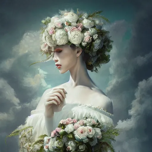 Prompt: painting of a a queen with a white large magnificent more and more vaporous ,wrapped ,hight decorated, detailed ,white and cream roses cotton dress shooting surrounded by a bouquet of abstract white flowers and clouds, dramatic light, artstation octane,surrealism 8k