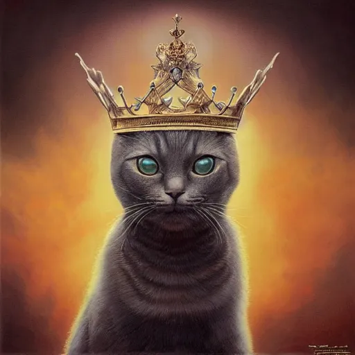 Image similar to ultra realist soft painting of a nuclear bomb explosion, a humanoid cat king with a crown, partial symmetry accurate features, very intricate details, focus, curvy, award winning, artstyle tom bagshaw