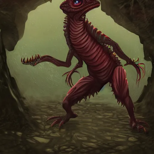 Image similar to big butcher anthropomorphic male lizardfolk posing scarily, scary angry pose, covered in blood, fresh kill, cleaver, in a cave, earie setting, lovecraft eldritch horror, hyperdetailed, furaffinity, anthro art
