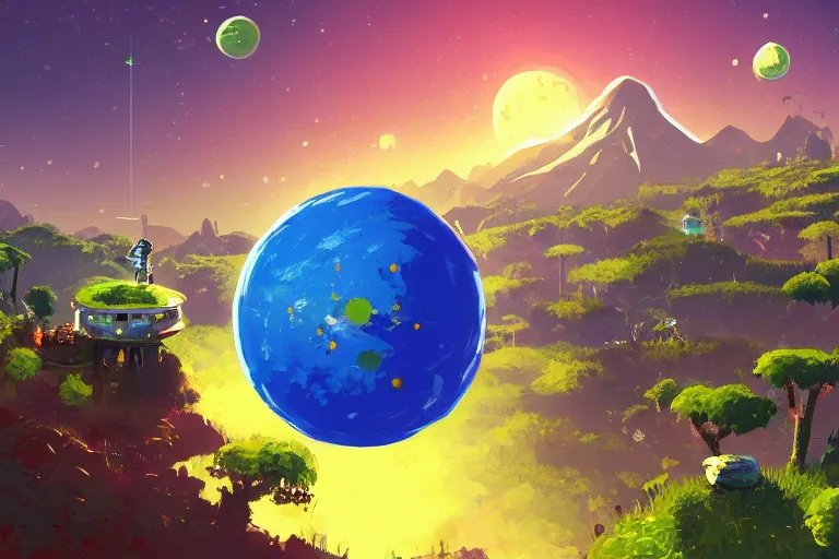 Image similar to computer game art, a small planet in the future, a Tinker's shack on a barren planet, wild berry vines, a berry farm, space junk, volcanoes, in the style of No Man's Sky and Breath of the Wild