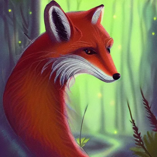 Prompt: portrait of a medieval anthropomorphic fox in a forest at night with fireflies, trending on artstation, furry art, by kawacy, night lighting, digital art, dreamy, bokeh