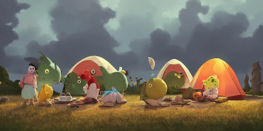 Prompt: cute cartoon monsters camping in front of a tent, stormy sky, still from a Wes Anderson film, cinematic, Goro Fujita, Chiho Aoshima, Beeple, trending on artstation, highly detailed, scene from a movie, soft lighting, 8k