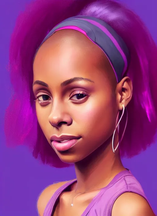 Image similar to portrait of vanessa morgan, black teenage girl, pink hair, pixie haircut, purple cap, hoop earrings, subtle confident smile, intricate, elegant, glowing lights, highly detailed, digital painting, artstation, concept art, sharp focus, illustration, art by wlop, mars ravelo and greg rutkowski