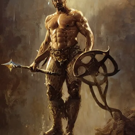 Image similar to a fierce and muscular male warrior in full armor, handsome, hairy torso, fantasy character portrait by greg rutkowski, gaston bussiere, craig mullins, simon bisley