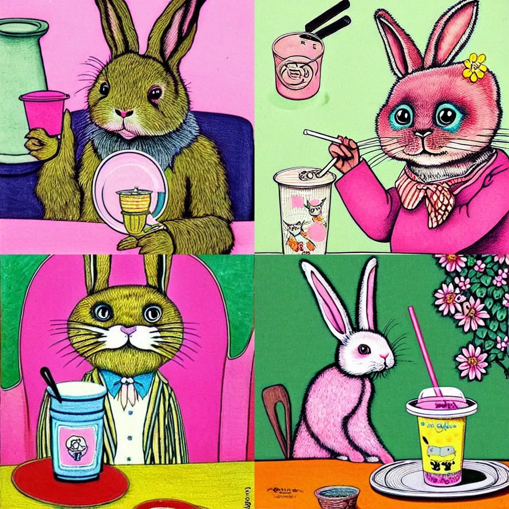 Prompt: a rabbit, with pink fur, drinking boba tea with a straw - by louis wain. highly detailed. cute.