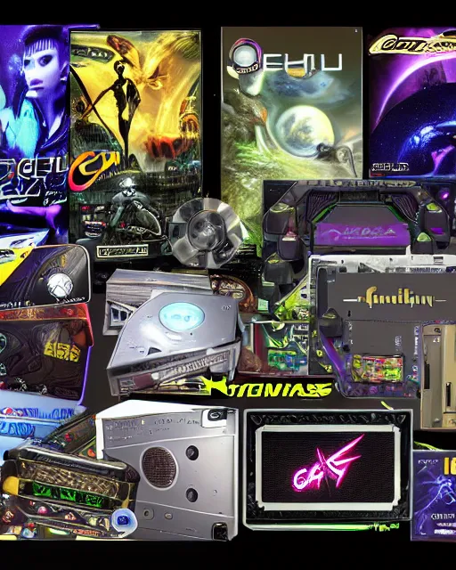 Image similar to Various graphics card box art late 90s early 2000s graphics card boxes box art 90s 2000s y2k futuristic cheesy metallic alien cgi motion blur voodoo graphics cyborg pc gaming liquid silver millennium nvidia ati elsa hercules prophet