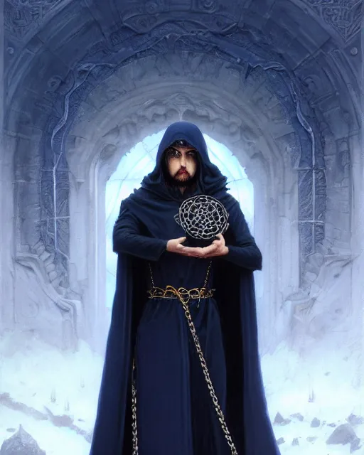 Image similar to handsome mage meditating holding a tellurion! on a chain, long black hair blue eyes wearing leather mantle gothic navy cloak with gold details, cliffside town, fantasy character portrait, hyperrealism, concept art, intricate details, highly detailed by greg rutkowski, ilya kuvshinov, gaston bussiere, craig mullins, simon bisley