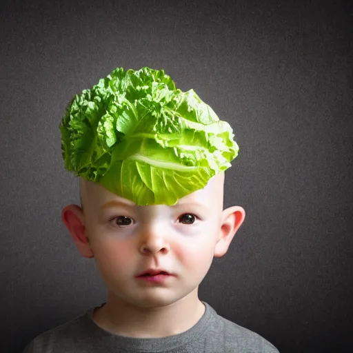 Image similar to A lettuce in the shape of a baby on top of the head of a young man with a short beard, portrait photography