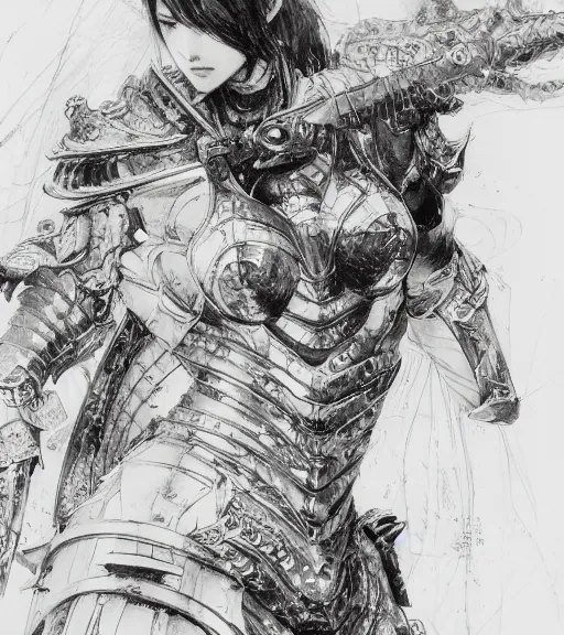 Image similar to anime woman in armor, pen and ink, intricate line drawings, by craig mullins, ruan jia, kentaro miura, greg rutkowski, loundraw