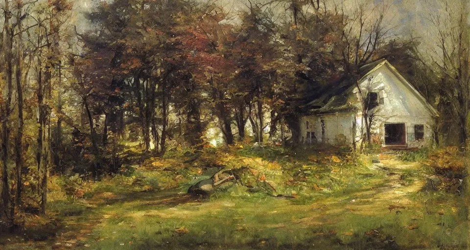 Image similar to cottage in the woods, by richard schmid