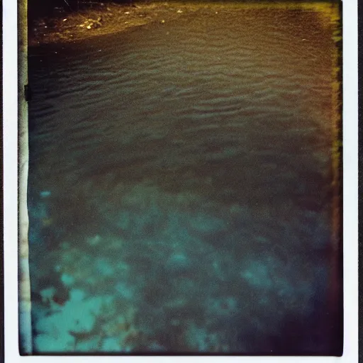 Image similar to a rusty bedframe, dark, murky water, underwater, old polaroid, expired film,