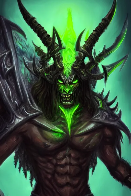 Image similar to illidan the demon hunter with band that cover his eyes with demon wings from world of warcraft with background digital painting trending on artstation