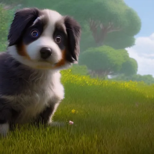 Prompt: a wholesome animation key shot of a gray black copper australian shepherd puppy, studio ghibli, pixar and disney animation, sharp, rendered in unreal engine 5, anime key art by greg rutkowski, bloom, dramatic lighting