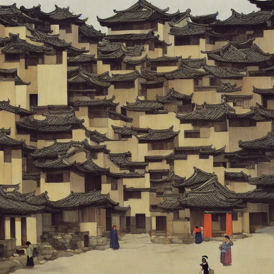 Image similar to a painting of hongcun ancient village houses by edward hopper and james jean