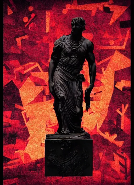 Prompt: black background with very subtle red and purple design elements, statue of julius caesar, powerful, nekro, graphic design, collage art, thin lines, dark, glitch art, neo vaporwave, gritty, layout frame, square, trending on artstation