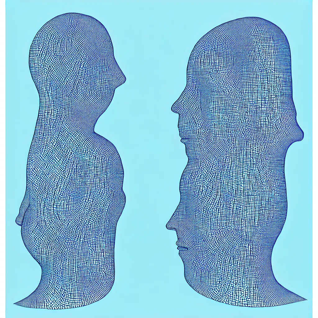 Image similar to a formal self portrait by the artist kelbv, in distinct hyper precise fineliner style with cuboids neatly curving above his head, and exploded body filled with light blue and white spheroids, perfect bright studio lighting.
