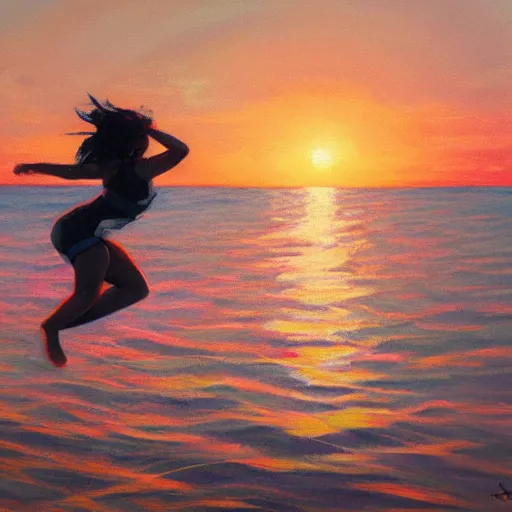 Prompt: painting of a human jumping off a boat during the sunset, trending on artstation